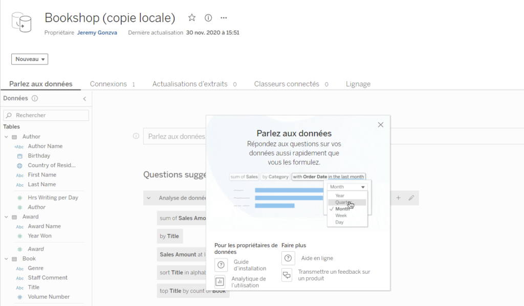 Interface utilisateur Ask Data Tableau Server Online 2021.1