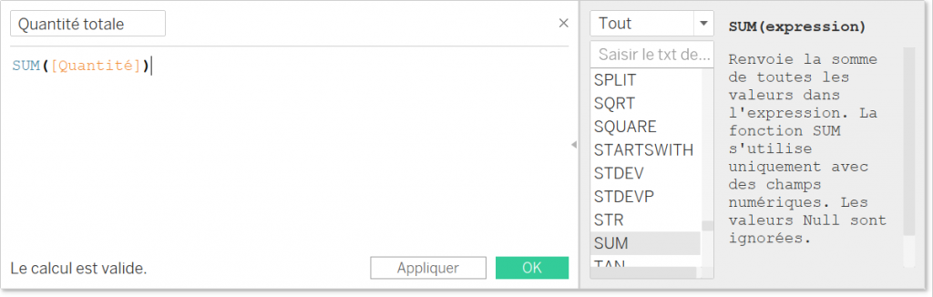 écriture de la formule du champs calculé sur Tableau