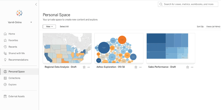 Espace personnel dans la version Tableau Desktop 2021.1
