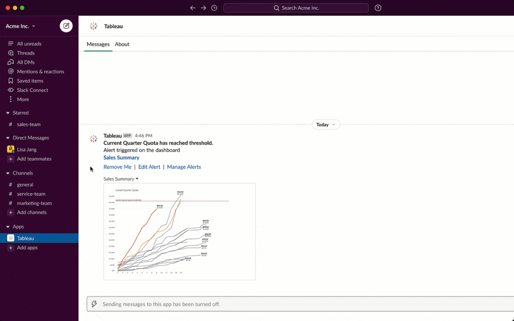 Intégration dans Slack version Tableau Desktop 2021.1